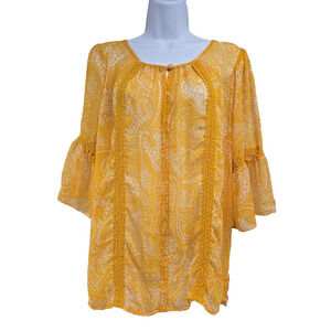 Lauren Conrad Womens Blouse Yellow Paisley Semi Sheer Size XL